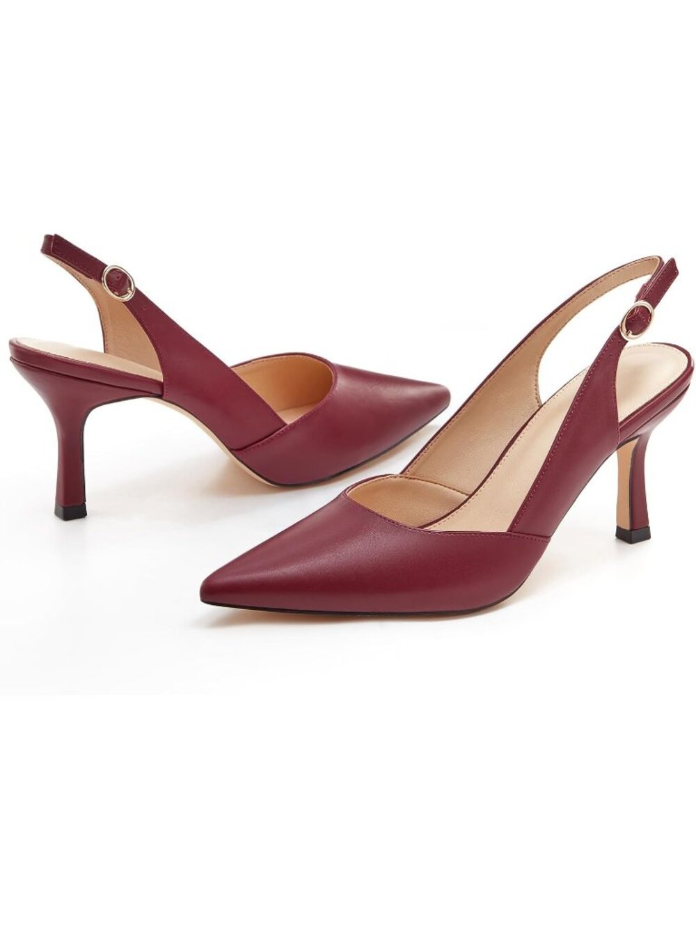 Women's Red Pu Slingback Kitten Heels Closed Pointed Toe Backless Pumps Shoes - Picture 4 of 6